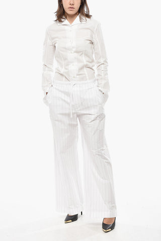 Pinstriped Cotton Straight-Fit Trousers with Drawstring Waist
