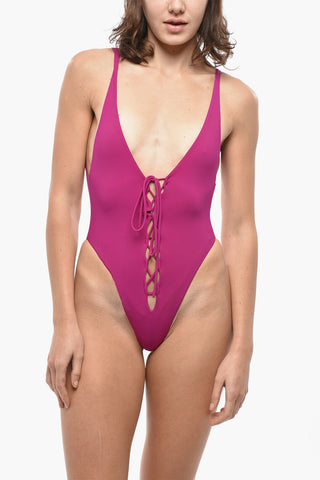 Glitter One-Piece Swimsuit with Lace-Up Details
