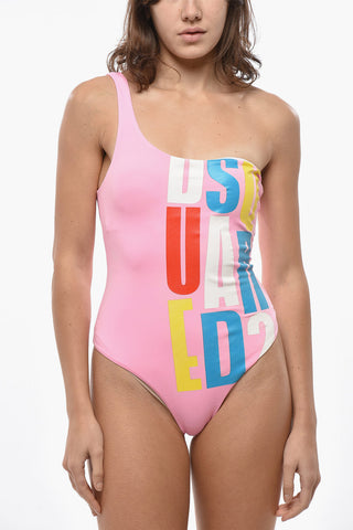 One-Shoulder Swimsuit with Printed Logo