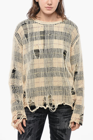 Maglia Girocollo Effetto Distressed con Interno a Quadri