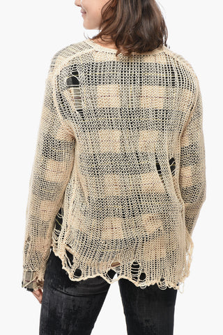 Maglia Girocollo Effetto Distressed con Interno a Quadri