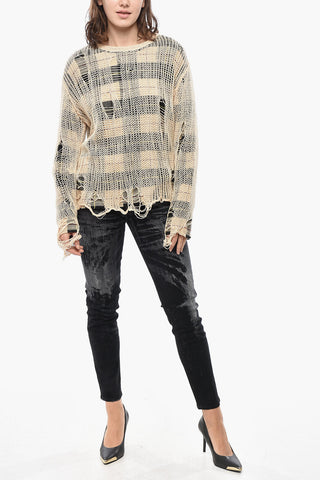 Maglia Girocollo Effetto Distressed con Interno a Quadri