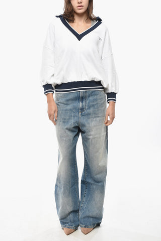 Brushed Cotton Sweatshirt with Polo Collar and 3/4 Sleeves