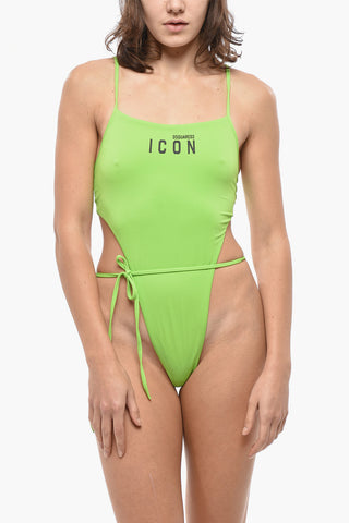 ICON Solid-Color One-Piece Swimsuit with Printed Logo