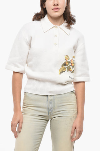 Maglia in Misto Cashmere a Maniche Corte con Collo a Polo