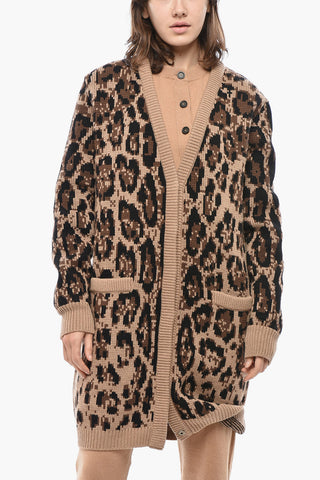Mixed Cashmere Animal-Print Cardigan With V-Neck