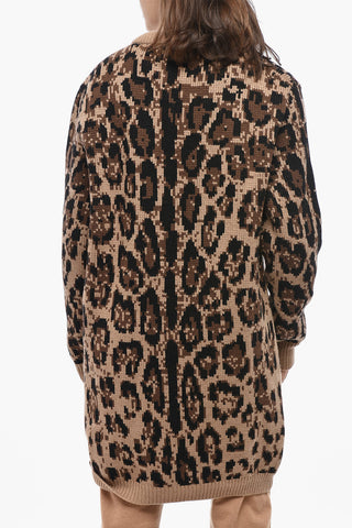 Mixed Cashmere Animal-Print Cardigan With V-Neck