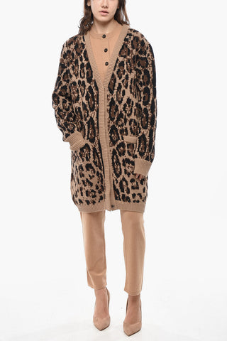 Mixed Cashmere Animal-Print Cardigan With V-Neck