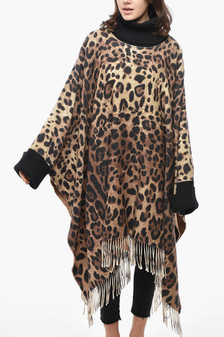Poncho in Misto Lana con Motivo Animalier e Polsini