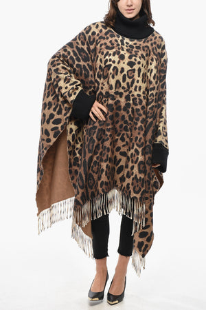 Wool-Blend Poncho with Animalier Pattern and Cuffs