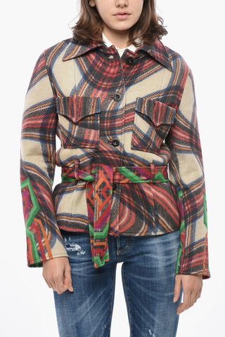 Overshirt Aus Wollmischung Mit Muster, Zwei Taschen Und Gürtel