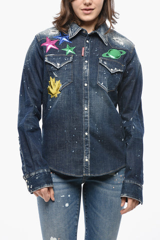 Vintage-Effect Denim Blouse With Metallic-Effect Patch