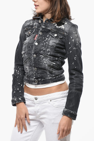Stretch Denim Jacket BOYFRIEND with Vintage Effect and Strass Details