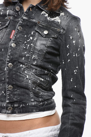 Stretch Denim Jacket BOYFRIEND with Vintage Effect and Strass Details