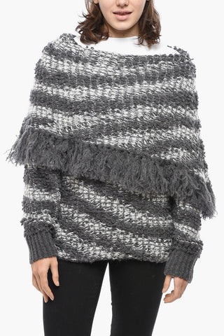 Two-Tone Wool-Blend Boat-Neck Sweater With Fringe Detail