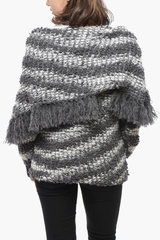 Two-Tone Wool-Blend Boat-Neck Sweater With Fringe Detail