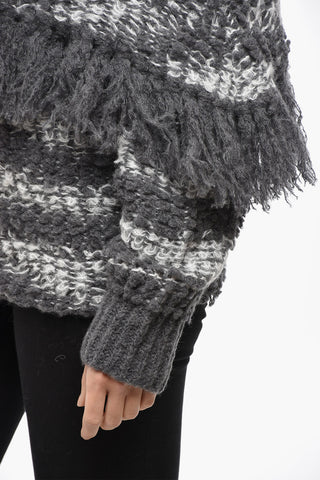 Two-Tone Wool-Blend Boat-Neck Sweater With Fringe Detail