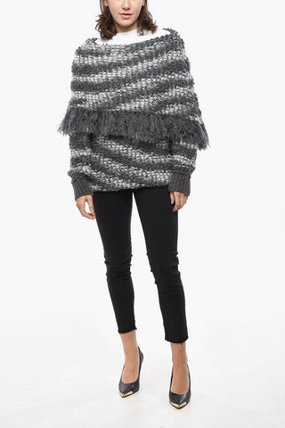 Two-Tone Wool-Blend Boat-Neck Sweater With Fringe Detail