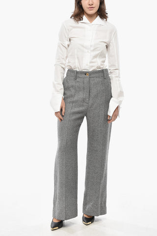 Pantaloni Cropped Fit in Lana Vergine Motivo a Righe Trasversali