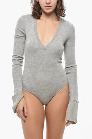 Stretch Bodysuit WAFFLE with V-Neck
