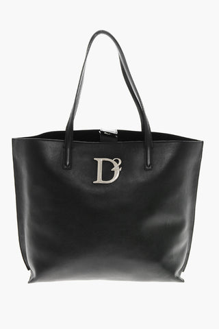 Leather Tote Bag with Metal Monogrm
