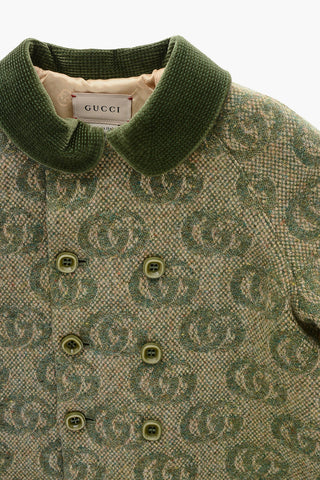 Wool Blend Double Breasted Coat with All-Over Monogram