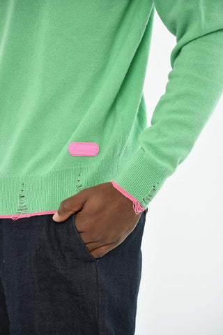 Virgin Wool-Blend V-Neck Sweater with Distressed Effect