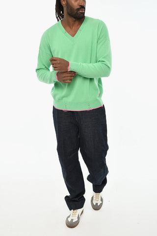 Virgin Wool-Blend V-Neck Sweater with Distressed Effect