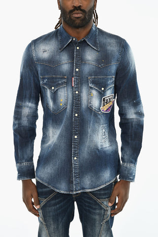 Overshirt in Denim Effetto Vintage con Bottoni Automatici