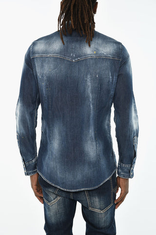 Overshirt in Denim Effetto Vintage con Bottoni Automatici