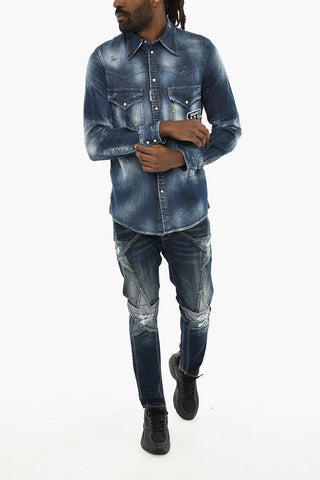 Overshirt in Denim Effetto Vintage con Bottoni Automatici
