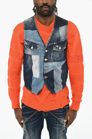 Denim Vest With Patchwork Effect