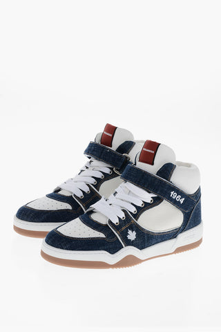 Textured Leather SPIKER High-Top Sneakers with Denim Details