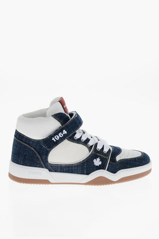Textured Leather SPIKER High-Top Sneakers with Denim Details