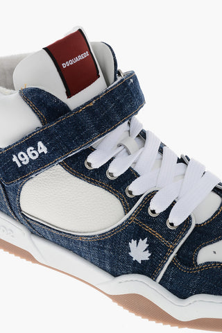 Textured Leather SPIKER High-Top Sneakers with Denim Details
