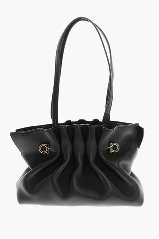 Draped Leather Bag with Gold-Effect Monogram