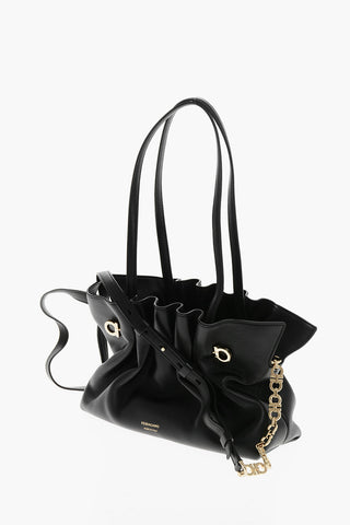 Draped Leather Bag with Gold-Effect Monogram