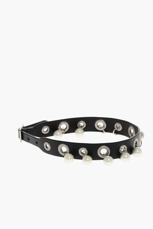 Choker in Pelle con Occhielli in Metallo e Perle 