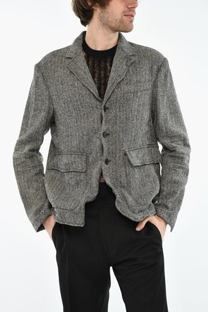 Blazer a 3 Bottoni In Lana Herringbone con Toppe in Pelle Vegan