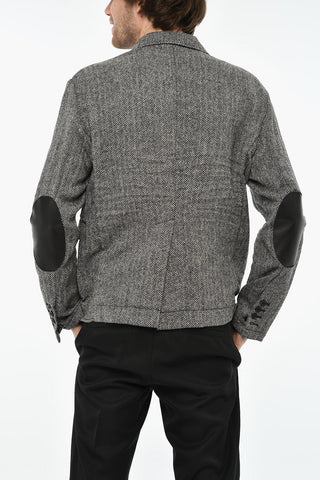 Blazer a 3 Bottoni In Lana Herringbone con Toppe in Pelle Vegan