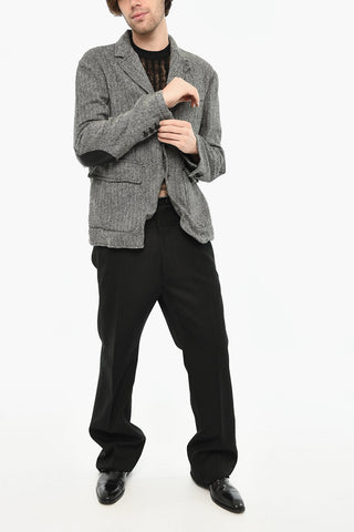 Blazer a 3 Bottoni In Lana Herringbone con Toppe in Pelle Vegan