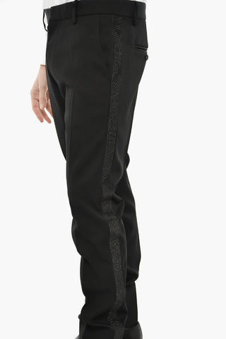 Cigarette-Fit Virgin Wool Trousers with Rhinestone Side Stripe