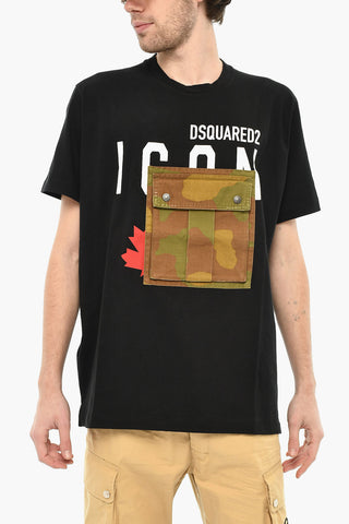 Cotton Crewneck T-Shirt With Front Camouflage Pocket