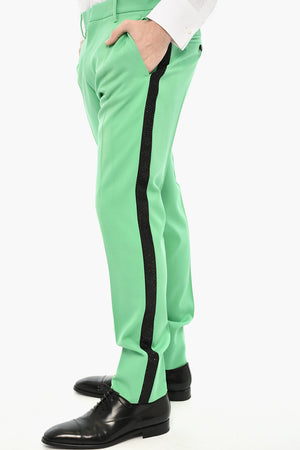Cigarette-Fit Virgin Wool Trousers with Rhinestone Side Stripe