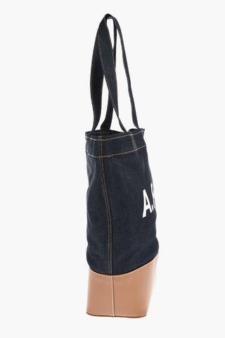 Denim Tote Bag with Leather Base and Printed Logo