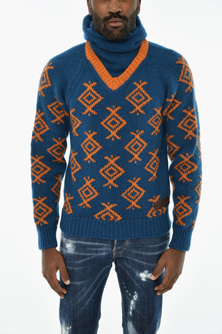 High-Neck Wool Knit with Contrast Embroidery