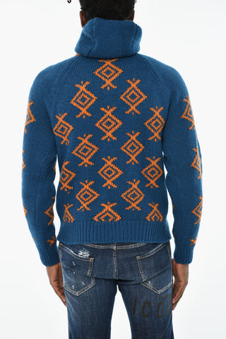 High-Neck Wool Knit with Contrast Embroidery