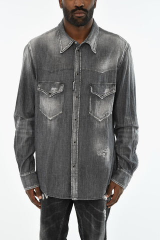 Overshirt in Denim Effetto Distressed con Doppio Taschino