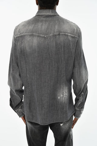 Overshirt in Denim Effetto Distressed con Doppio Taschino