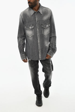 Overshirt in Denim Effetto Distressed con Doppio Taschino